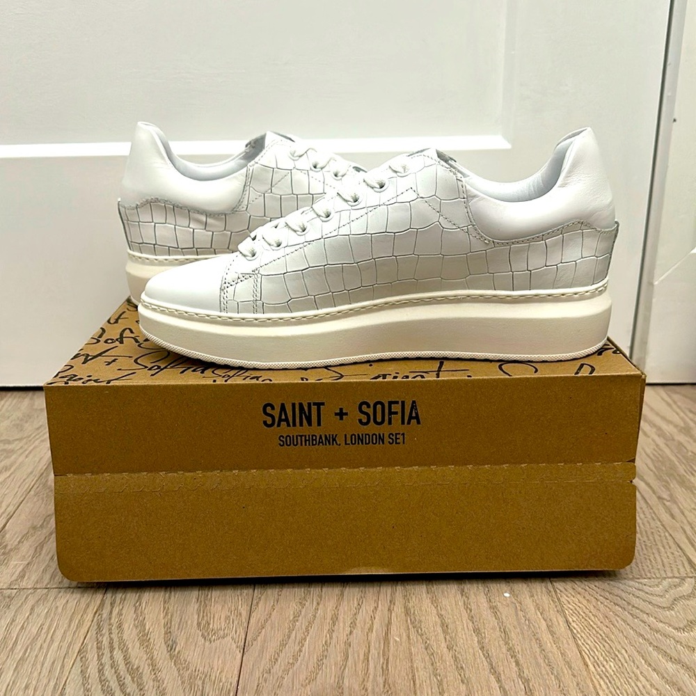 Saint + Sofia White Croc-Embossed Sneakers
